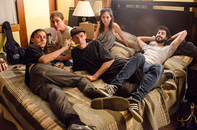 Mirsky and Wong with Elsa at Wolfe Island Music Festival in 2015. Left to right: Jonathan Rogers, Jesse Mirsky, Andrew Wilson, Angie Wong, Matthew Goldman. Photo credit: Anisa Rawhani.